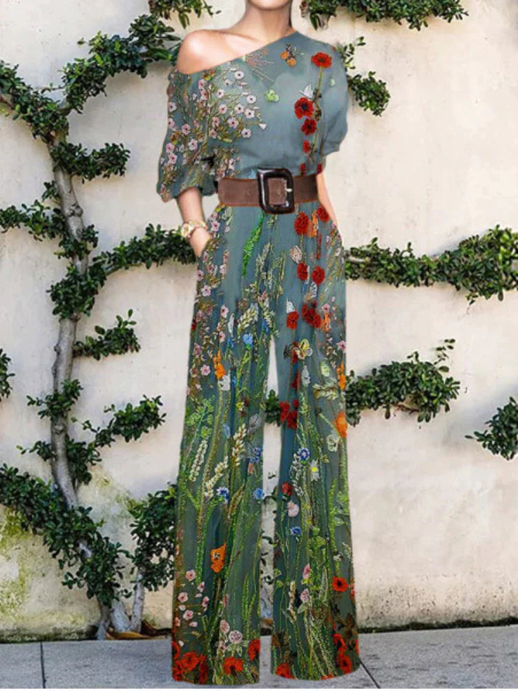 Women’s One-Shoulder Wide-Leg Jumpsuit with Artistic Print Design