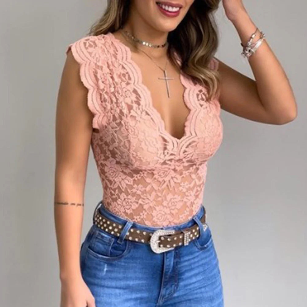 Floral Lace V-Neck Short Sleeve Blouse for Women