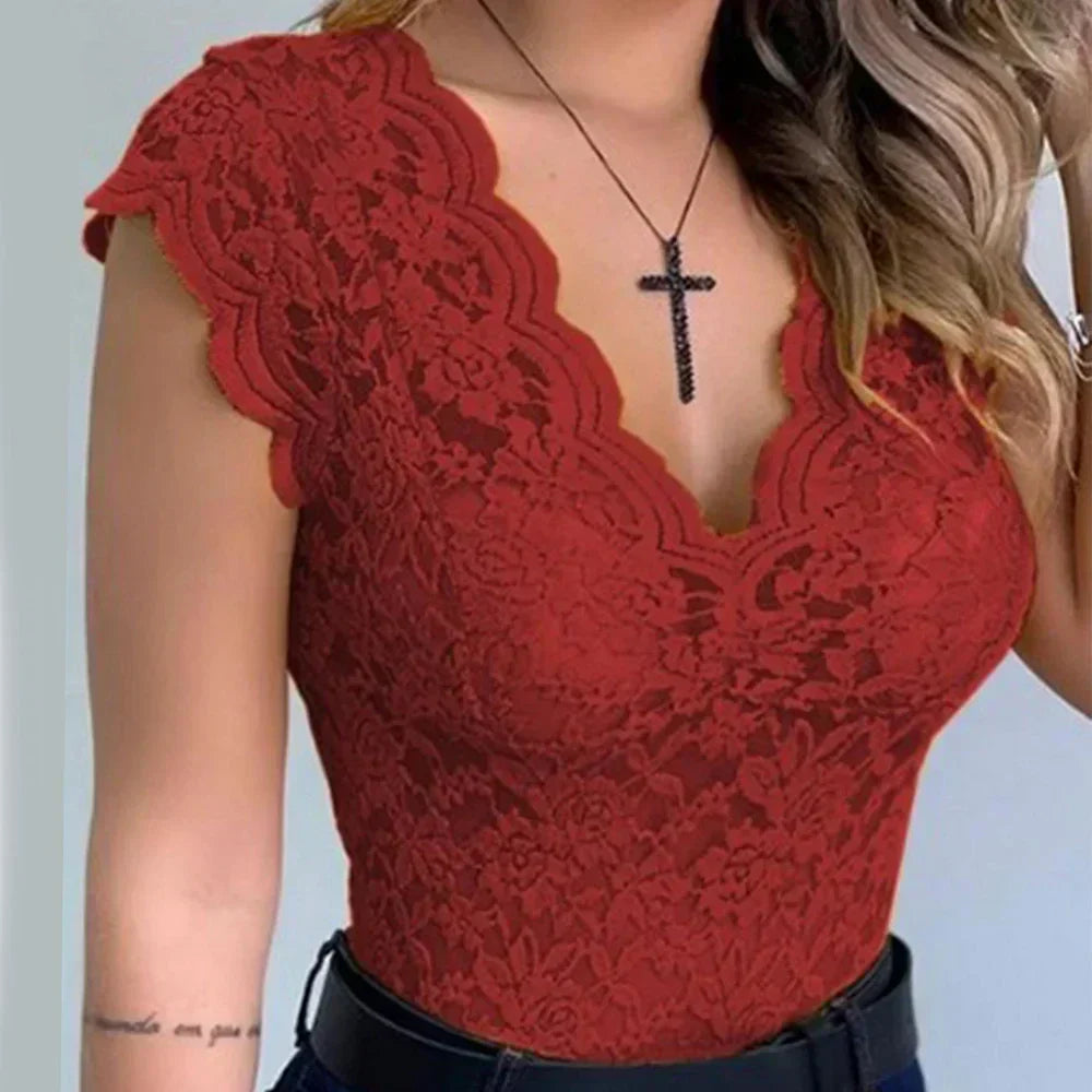 Floral Lace V-Neck Short Sleeve Blouse for Women