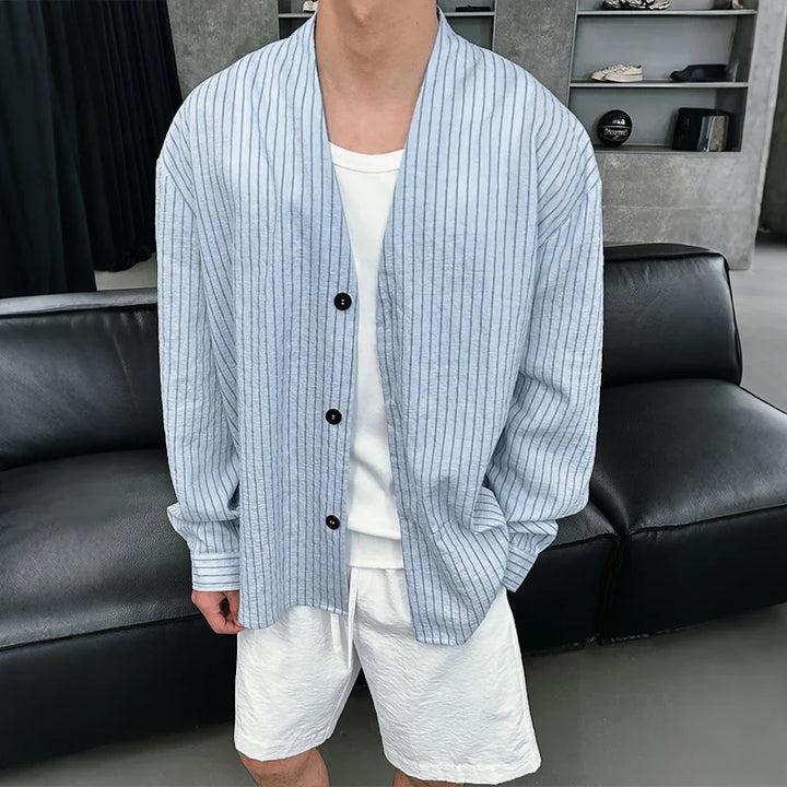 V Neck Long Sleeve Men’s Striped Shirt