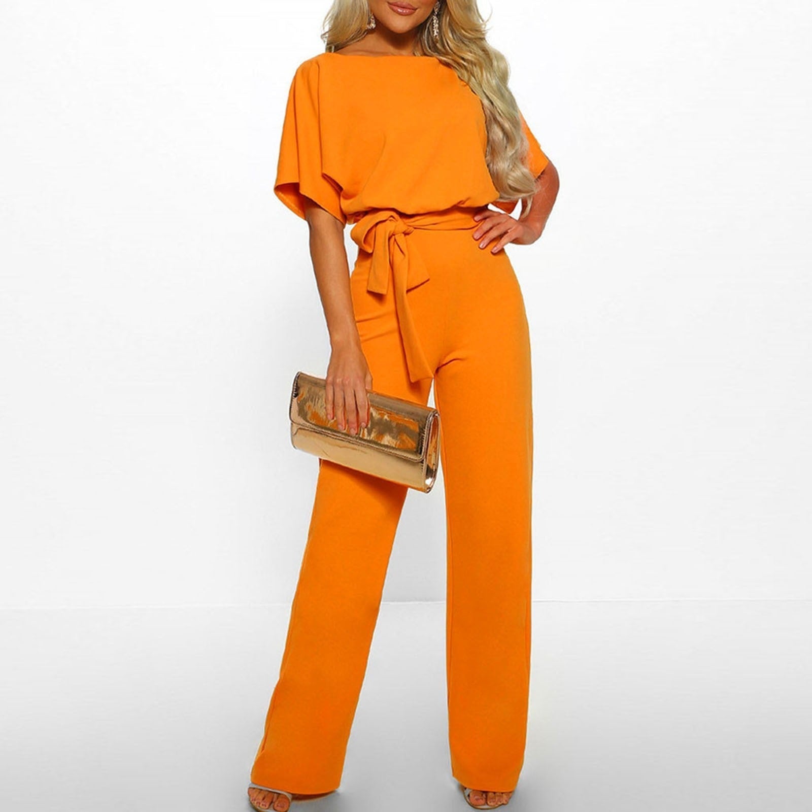 Women’s Short Sleeve Wide-Leg Jumpsuit with Waist Tie Detail