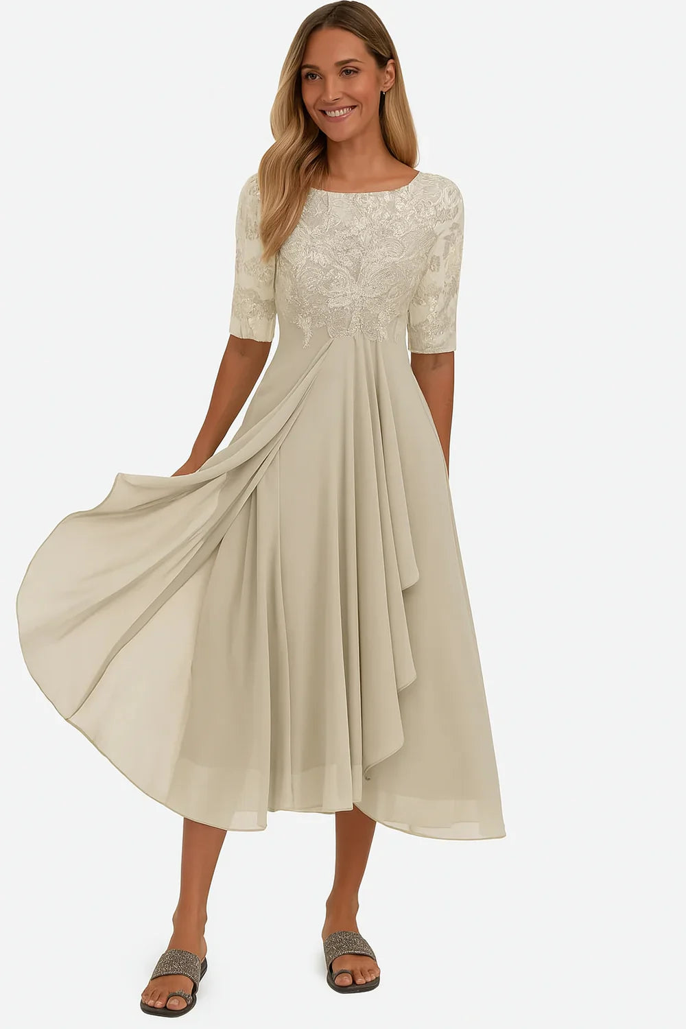 short sleeve chiffon midi dress Ever-Pretty Sequin Short Sleeves A-Line Chiffon Formal Dress