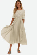 Women’s Lace and Chiffon Midi Dress with A-Line Skirt and Short Sleeves