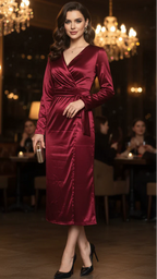 Women’s Burgundy Wrap Dress with Flattering Tie Waist