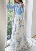 Women’s Long Sleeve Maxi Dress with Deep V-Neck and Printed Skirt