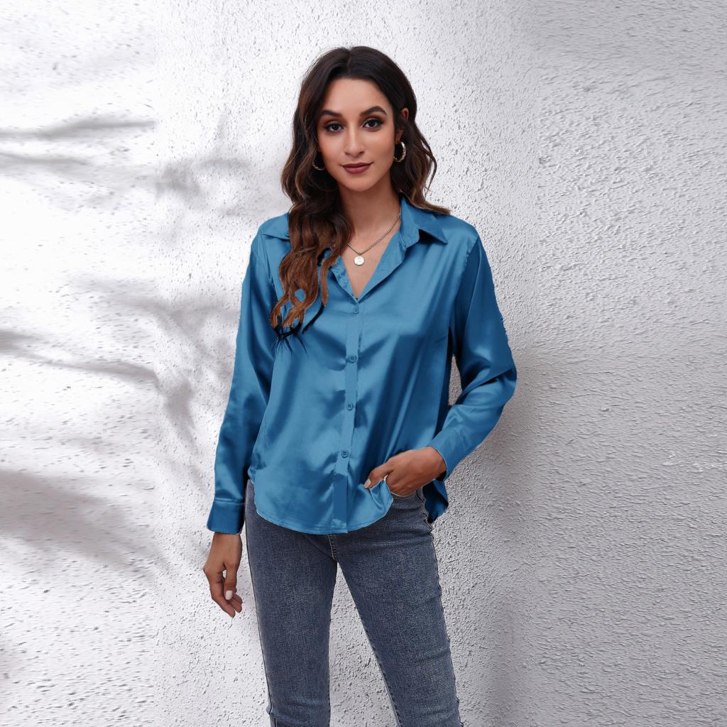 Women’s Casual Satin Blouse with Loose Fit and Workwear Style