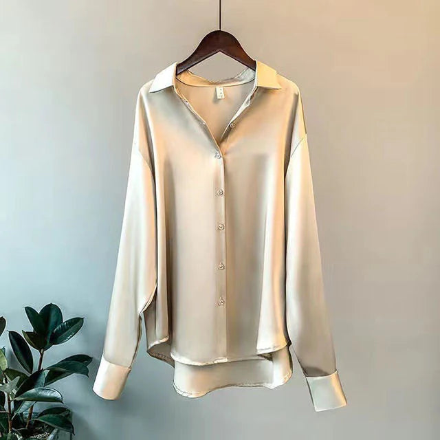 Women’s Button Down Satin Blouse with Loose Fit Design