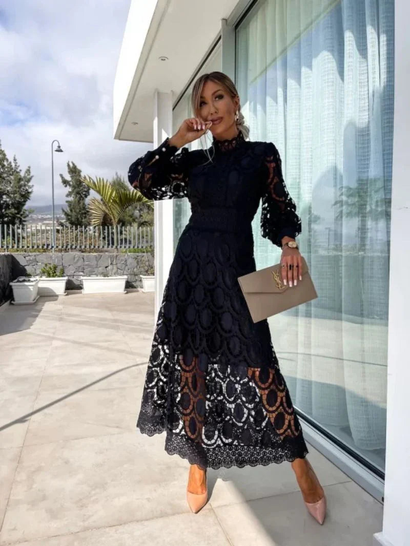 Women’s Lace Evening Dress with Long Sleeves and Elegant Fit