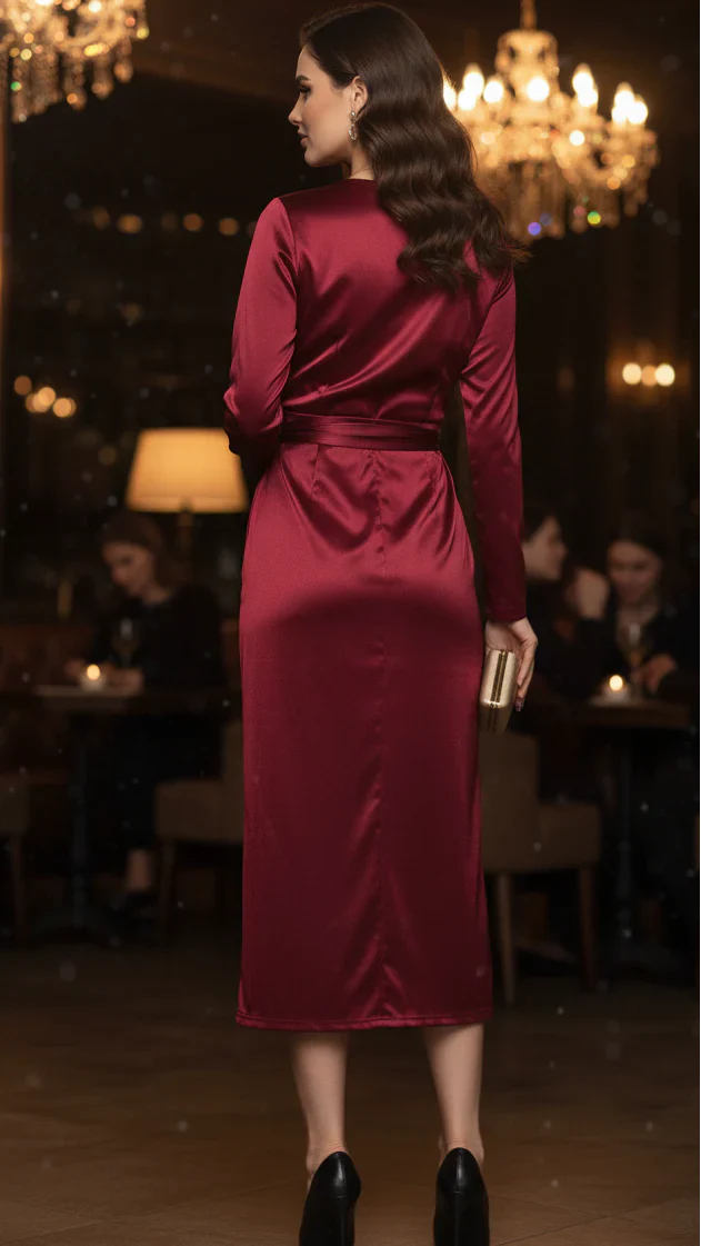 Women’s Burgundy Wrap Dress with Flattering Tie Waist