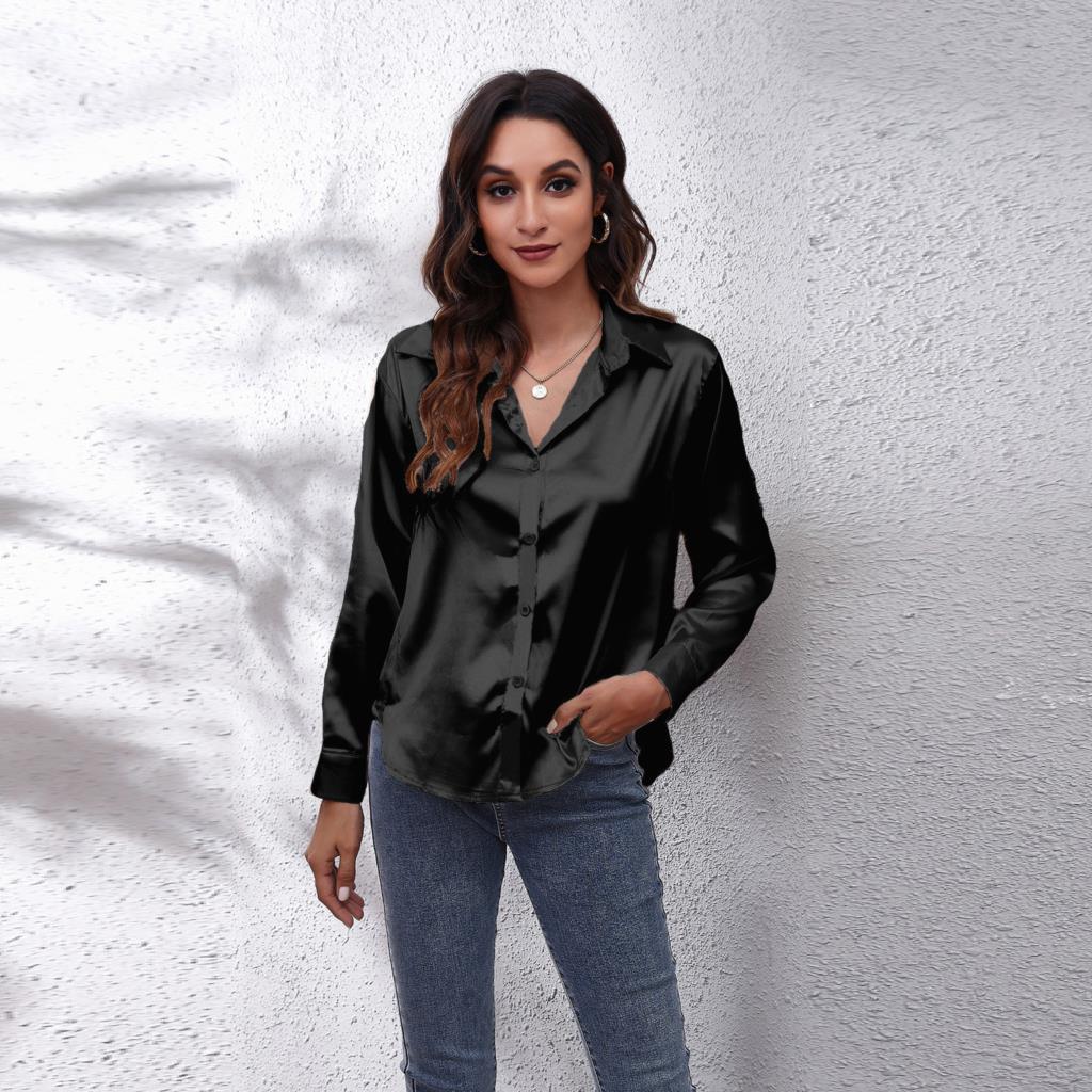 Women’s Casual Satin Blouse with Loose Fit and Workwear Style