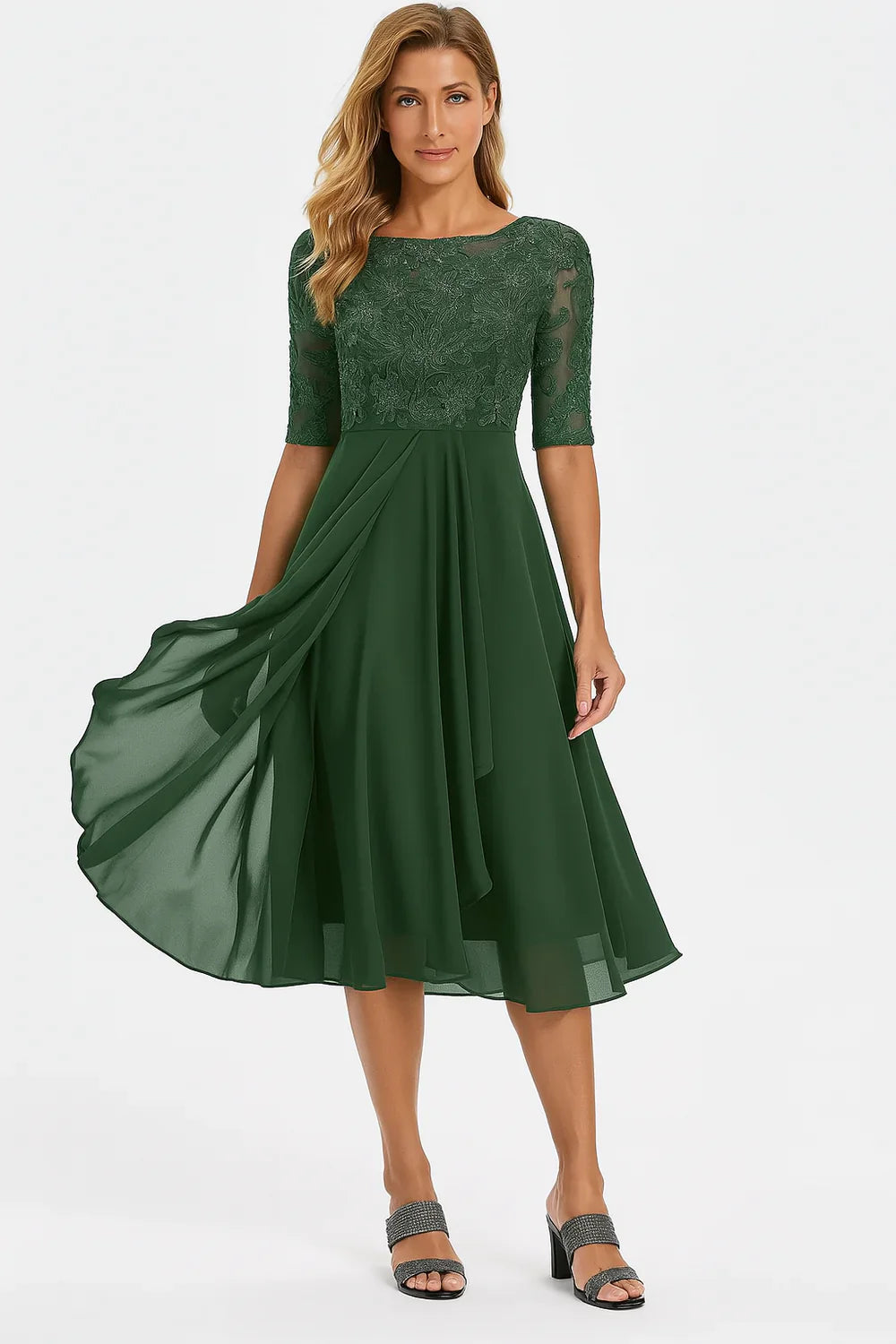Women’s Lace and Chiffon Midi Dress with A-Line Skirt and Short Sleeves