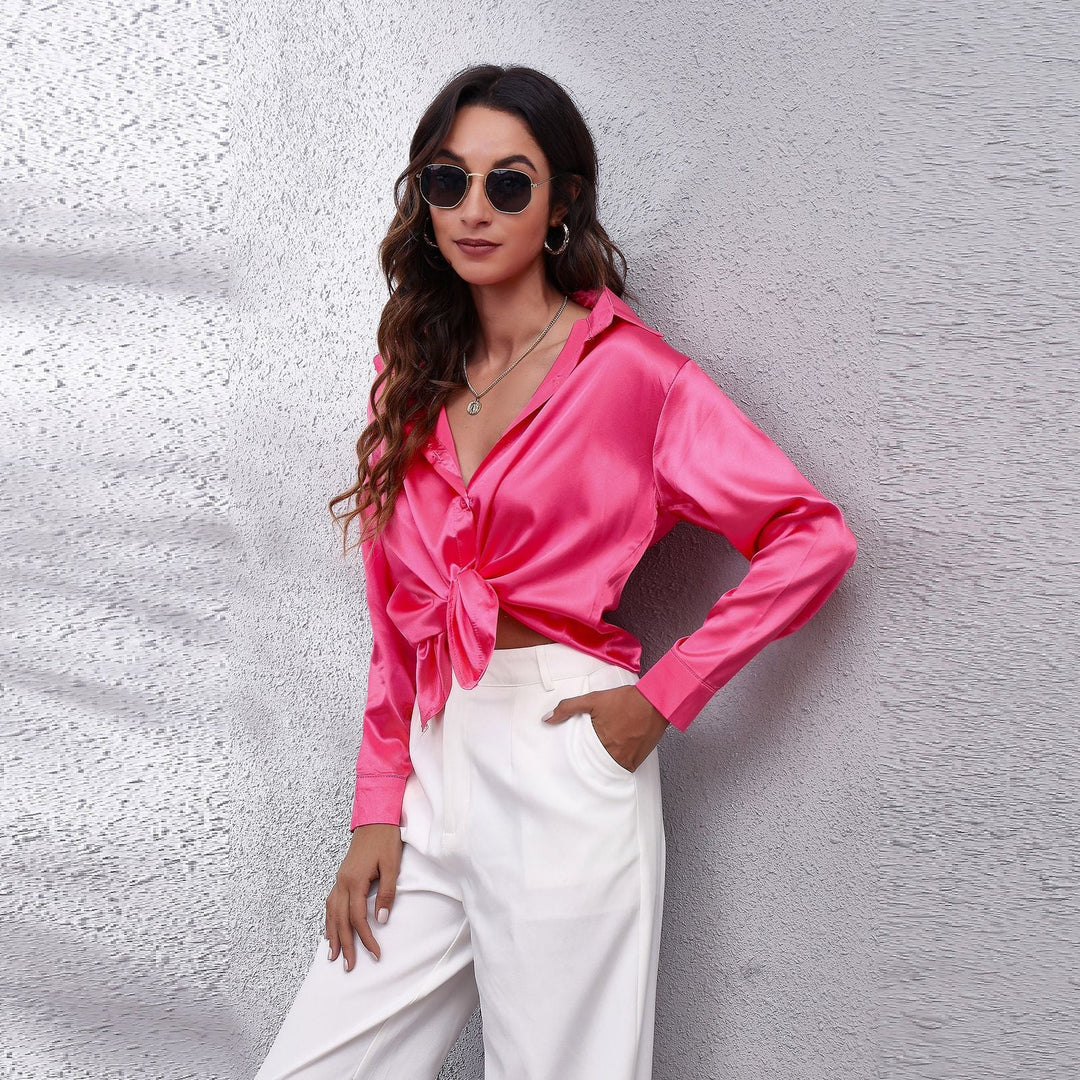 Women’s Casual Satin Blouse with Loose Fit and Workwear Style