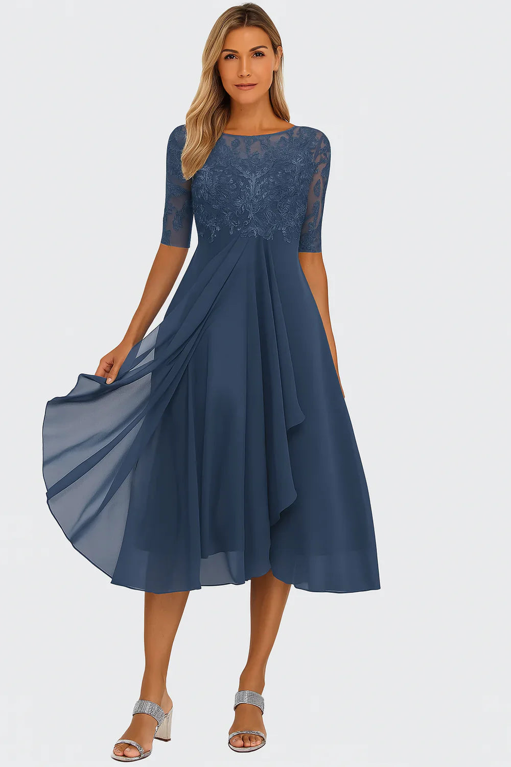 Women’s Lace and Chiffon Midi Dress with A-Line Skirt and Short Sleeves