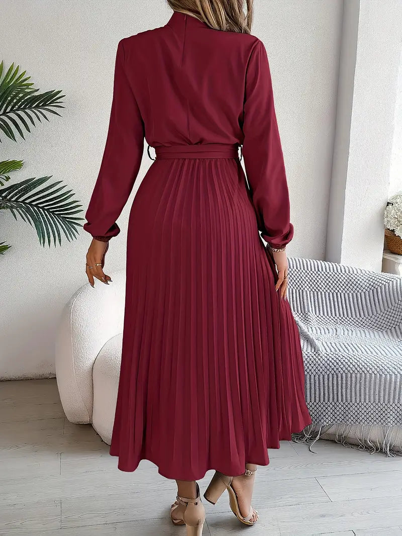 Women’s Pleated Midi Dress with Long Sleeves and Waist Belt
