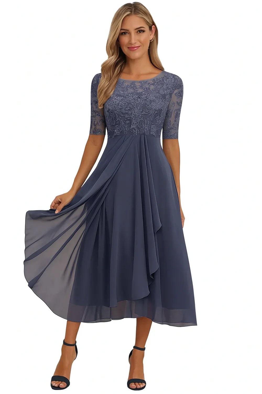 Women’s Lace and Chiffon Midi Dress with A-Line Skirt and Short Sleeves