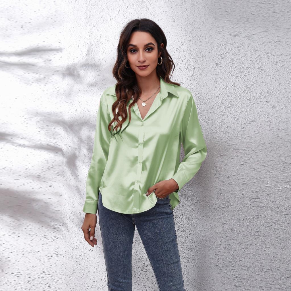 Women’s Casual Satin Blouse with Loose Fit and Workwear Style
