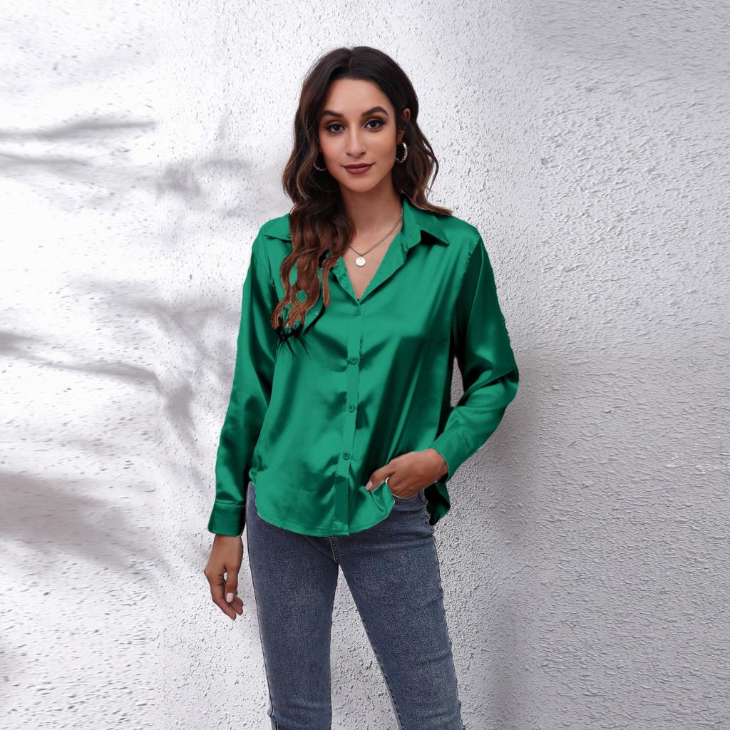 Women’s Casual Satin Blouse with Loose Fit and Workwear Style
