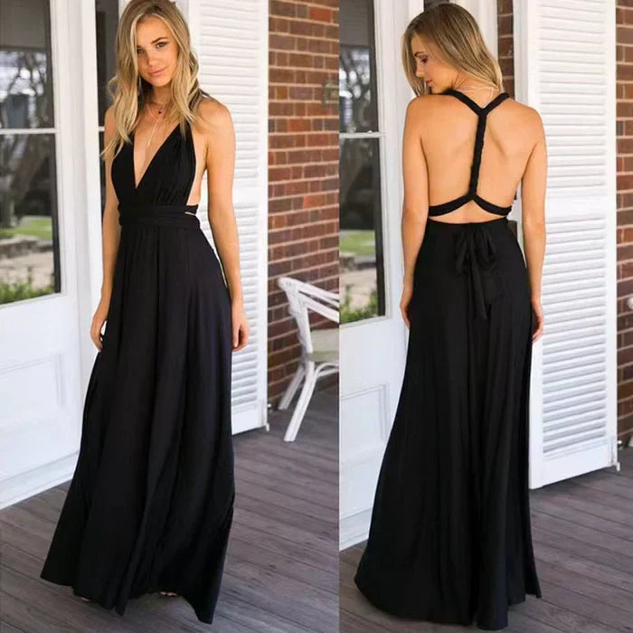 Women's Backless Maxi Dress - Satin Sleeveless Evening Gown