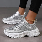 Silver Chunky Sneakers For Women With Glitter And High Sole