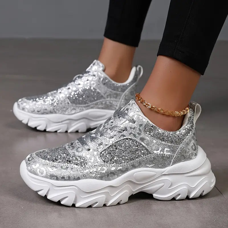 Silver Chunky Sneakers For Women With Glitter And High Sole