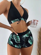 Ladies Three-Piece Bikini with Halter Top and Matching Shorts