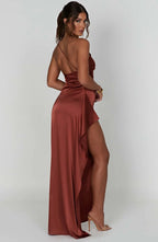 Women’s Satin Evening Maxi Dress – Sleeveless A-Line