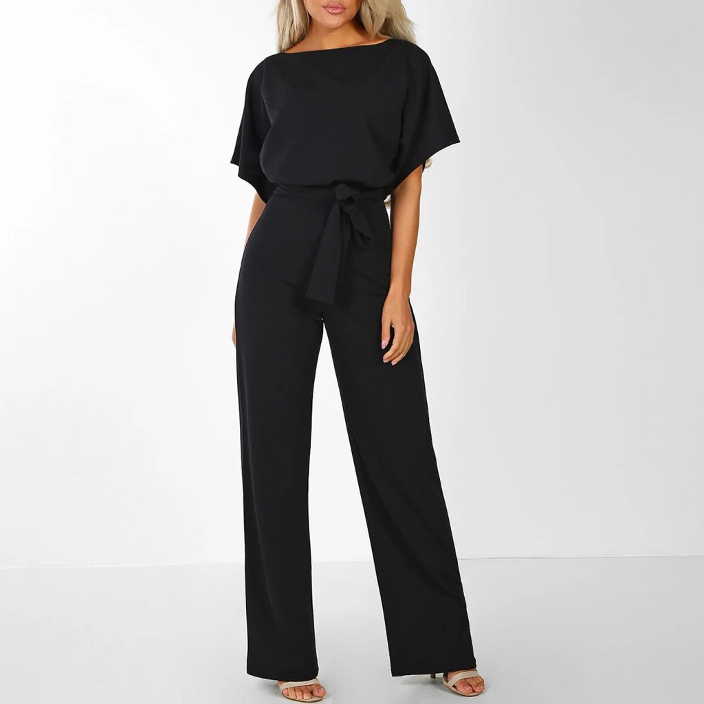 Women’s Short Sleeve Wide-Leg Jumpsuit with Waist Tie Detail