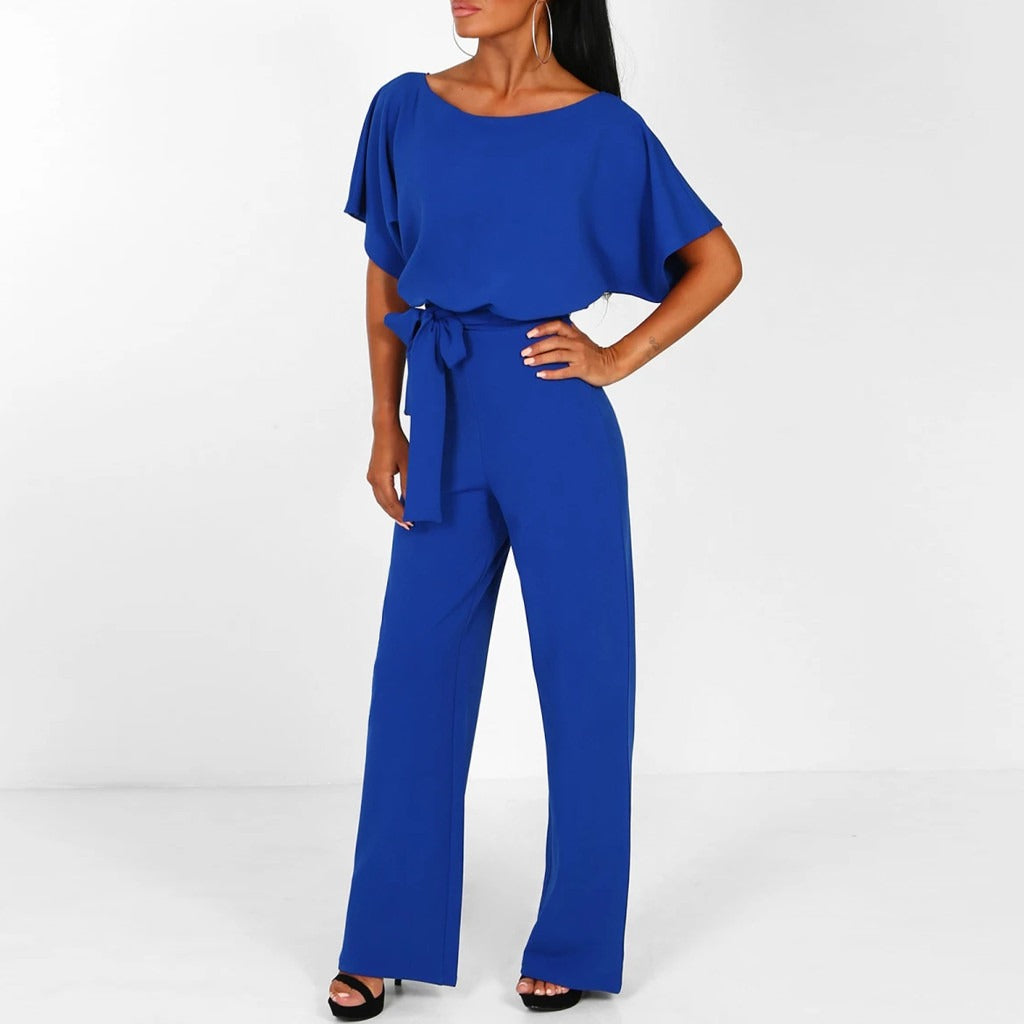 Women’s Short Sleeve Wide-Leg Jumpsuit with Waist Tie Detail