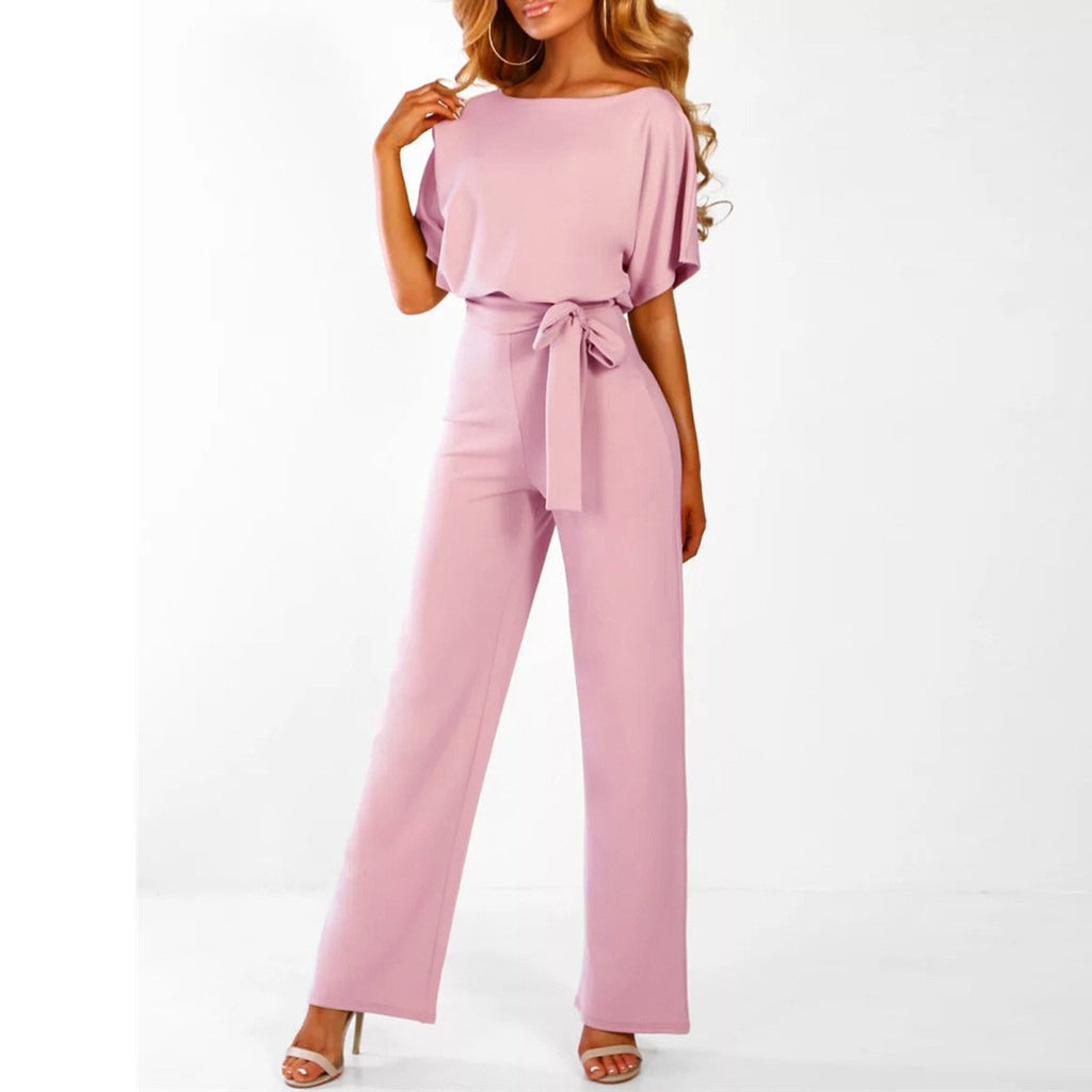 Women’s Short Sleeve Wide-Leg Jumpsuit with Waist Tie Detail