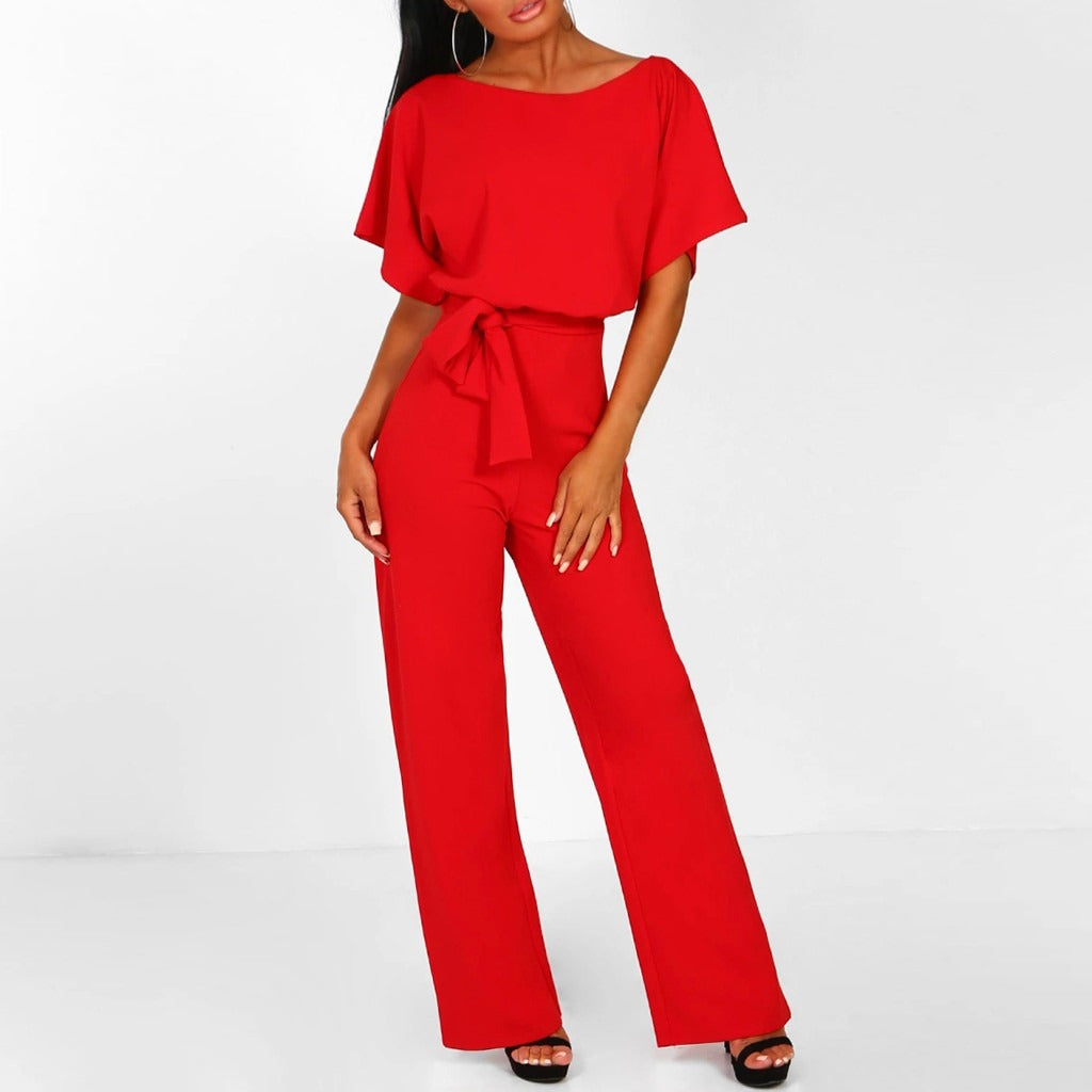Women’s Short Sleeve Wide-Leg Jumpsuit with Waist Tie Detail