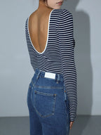 Striped Bodysuit with Open Back and Long Sleeves for Women