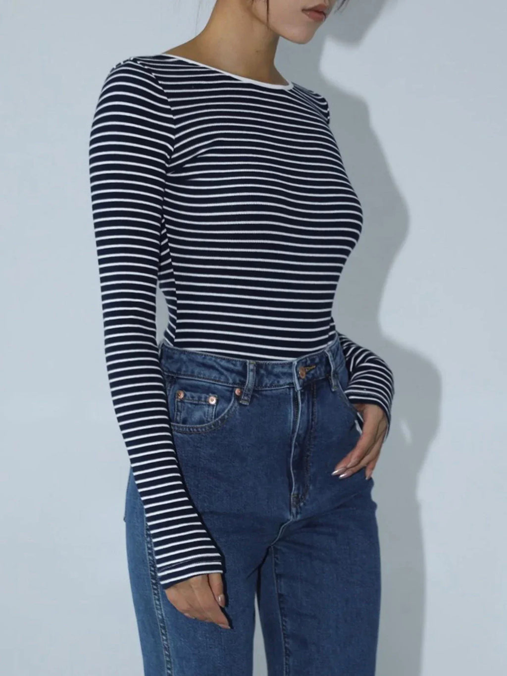 Striped Bodysuit with Open Back and Long Sleeves for Women