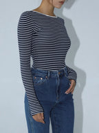 Striped Bodysuit with Open Back and Long Sleeves for Women