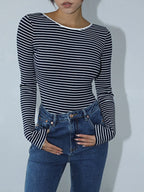 Striped Bodysuit with Open Back and Long Sleeves for Women