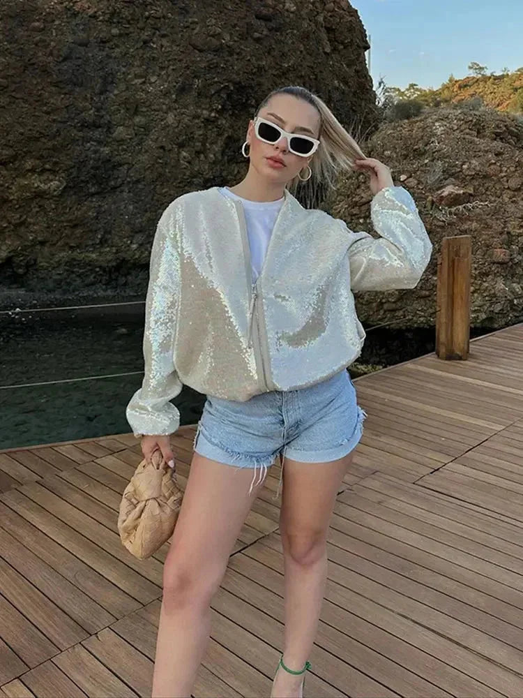Ivory Sparkling Sequin Bomber Jacket