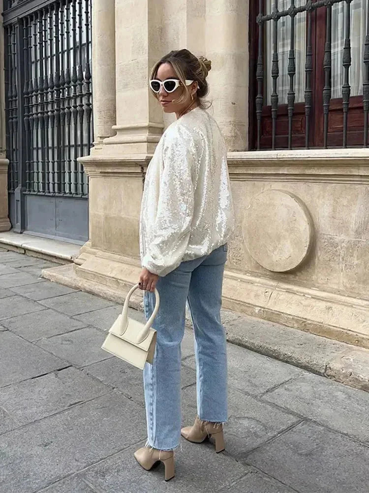 Ivory Sparkling Sequin Bomber Jacket