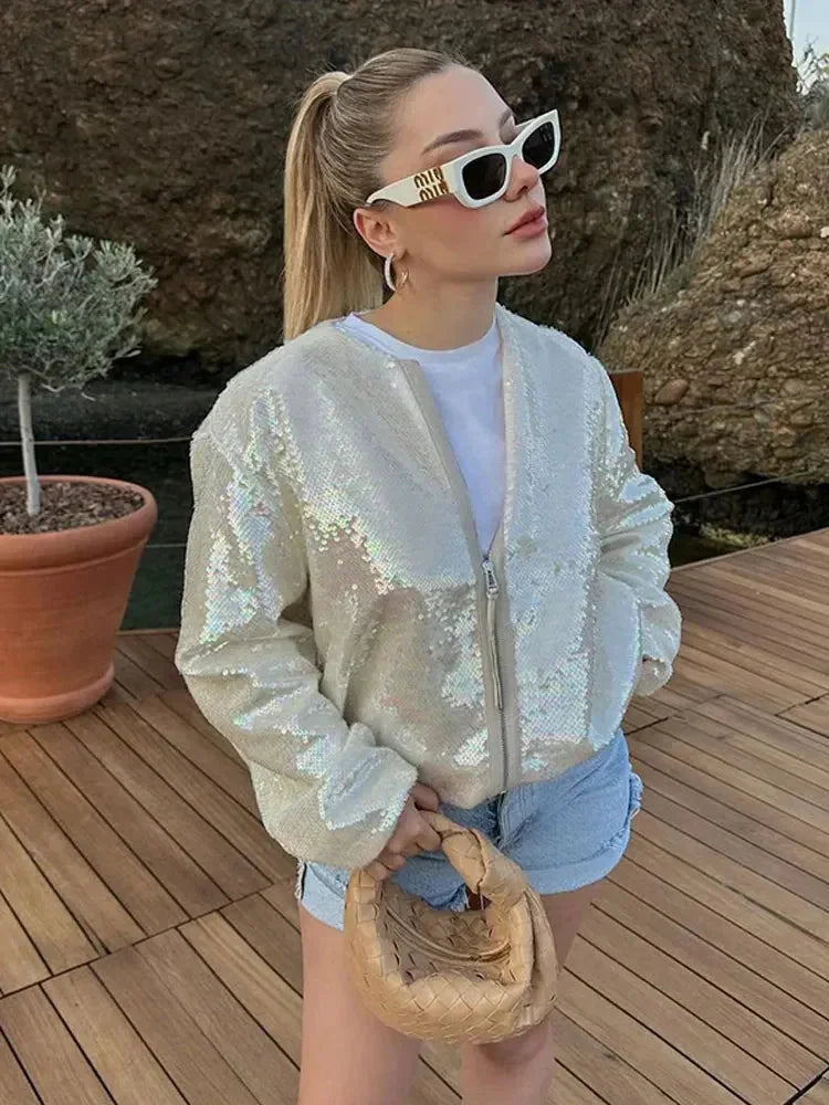 Ivory Sparkling Sequin Bomber Jacket