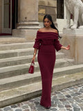 Women's Off-Shoulder Pleated Maxi Dress - Rib-Knit Evening Gown