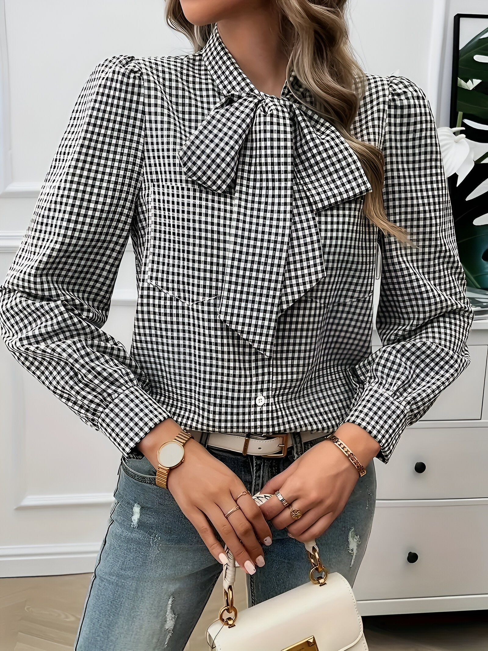 Women's Checked Tie-Neck Blouse