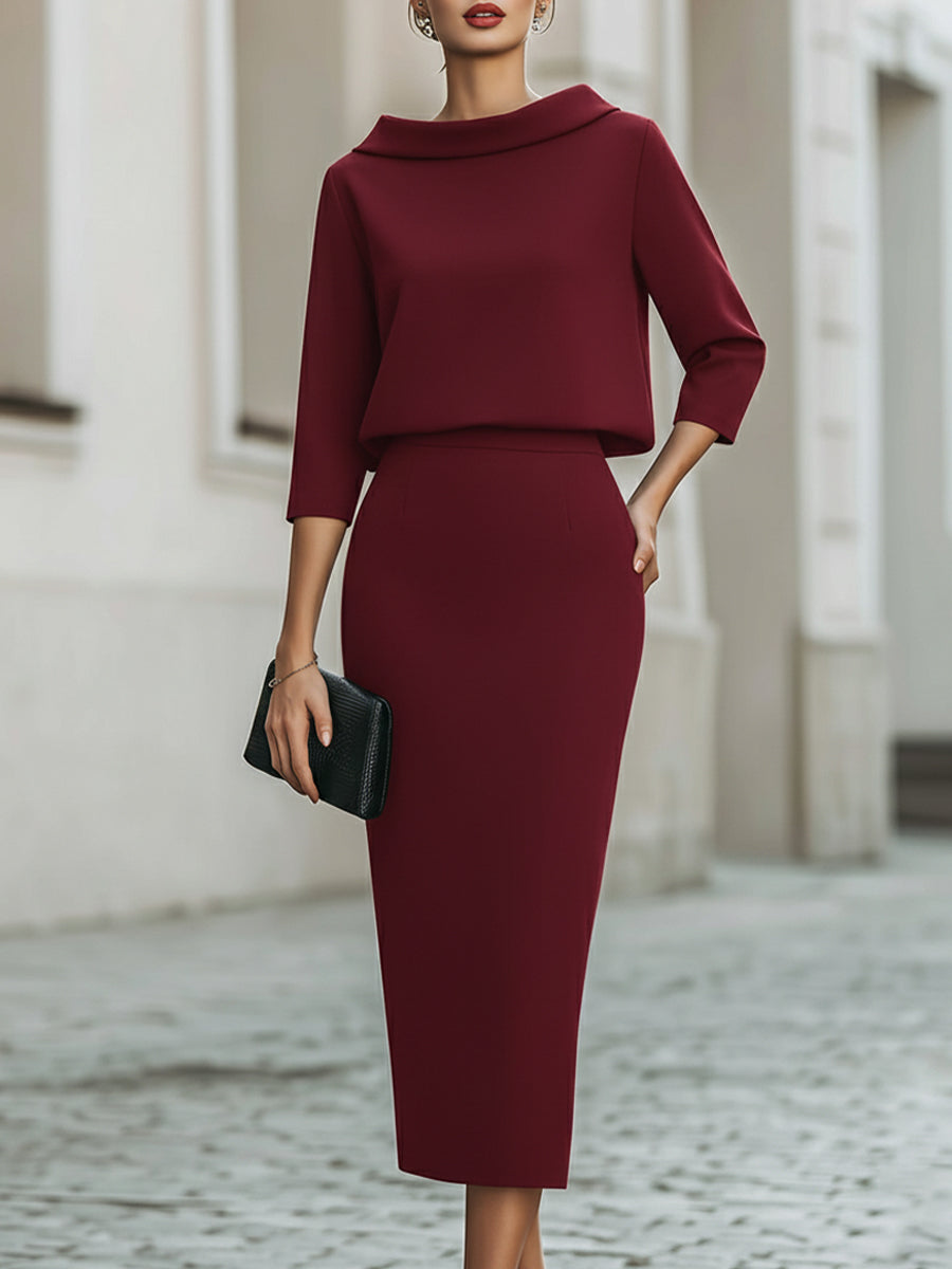 Women's Tailored Set – Top with Boat Neck and Midi Skirt for Casual Use