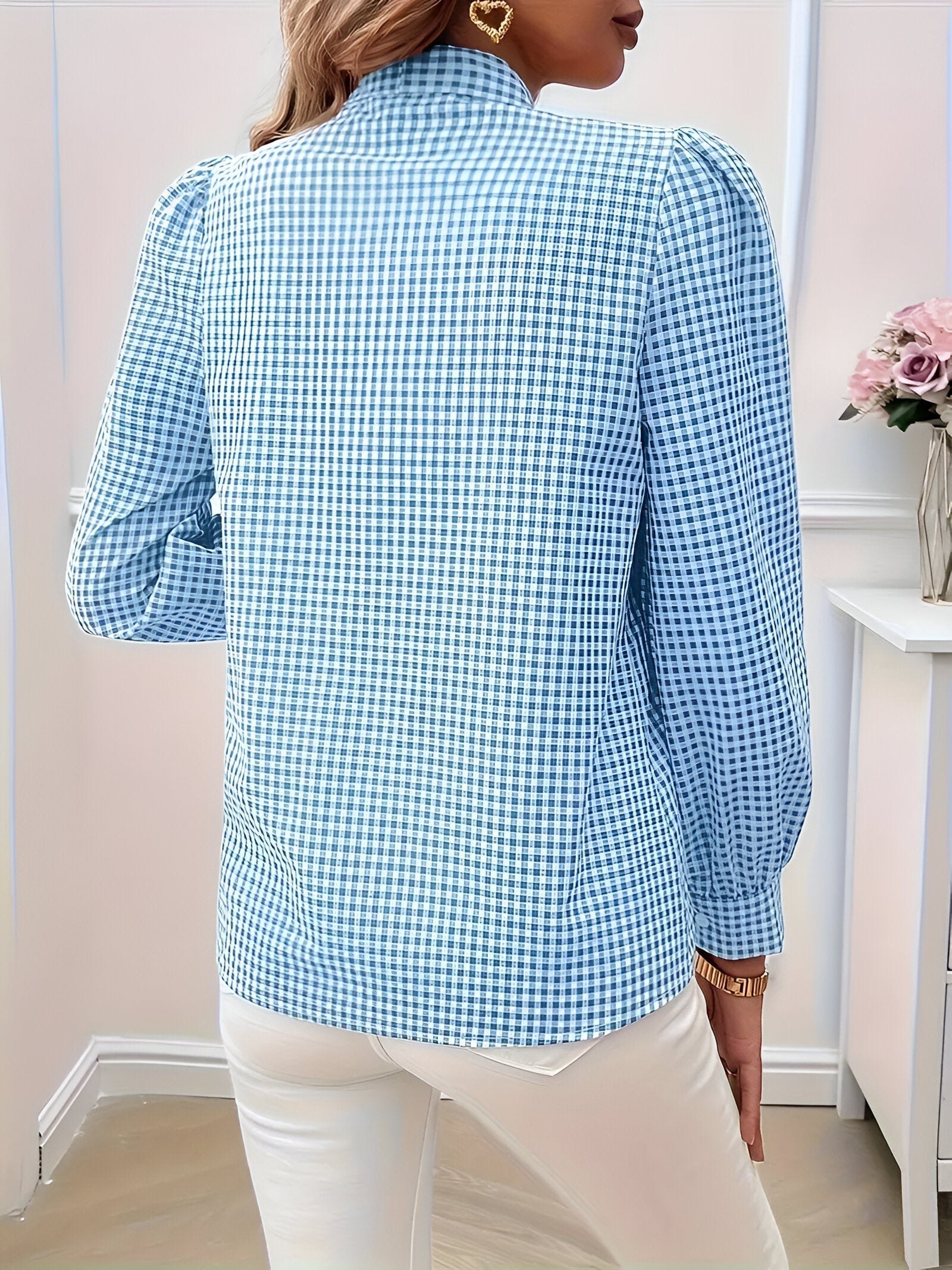 Women's Checked Tie-Neck Blouse