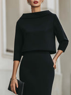 Women's Tailored Set – Top with Boat Neck and Midi Skirt for Casual Use