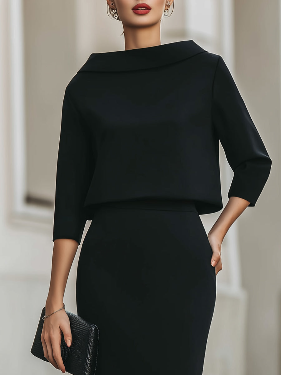 Women's Tailored Set – Top with Boat Neck and Midi Skirt for Casual Use