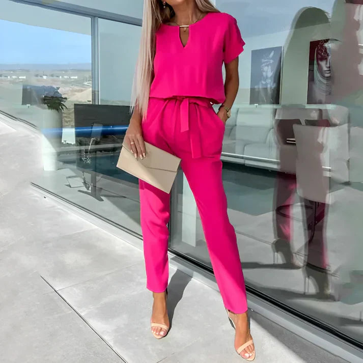 Women’s 2-Piece Outfit Set with Short Sleeve Top and Straight Leg Pants