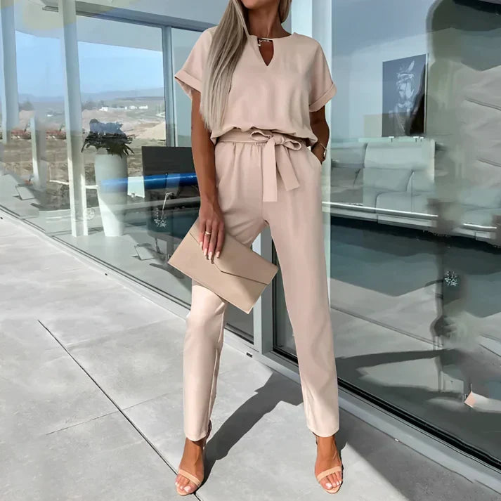 Women’s 2-Piece Outfit Set with Short Sleeve Top and Straight Leg Pants