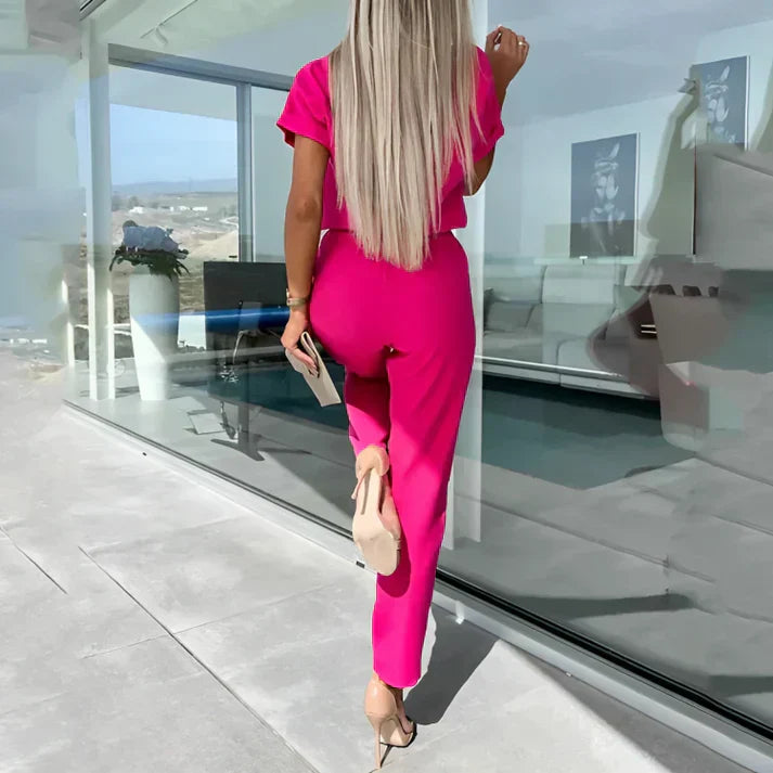 Women’s 2-Piece Outfit Set with Short Sleeve Top and Straight Leg Pants