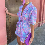 Short Jumpsuit for Women with Puff Sleeves and Tied Belt