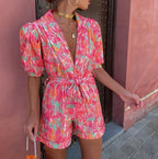 Short Jumpsuit for Women with Puff Sleeves and Tied Belt