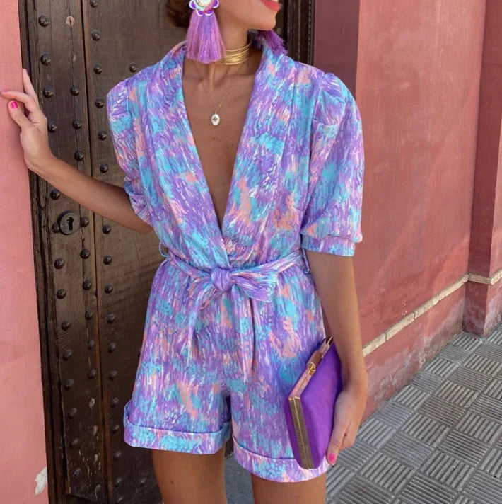 Short Jumpsuit for Women with Puff Sleeves and Tied Belt