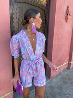 Short Jumpsuit for Women with Puff Sleeves and Tied Belt
